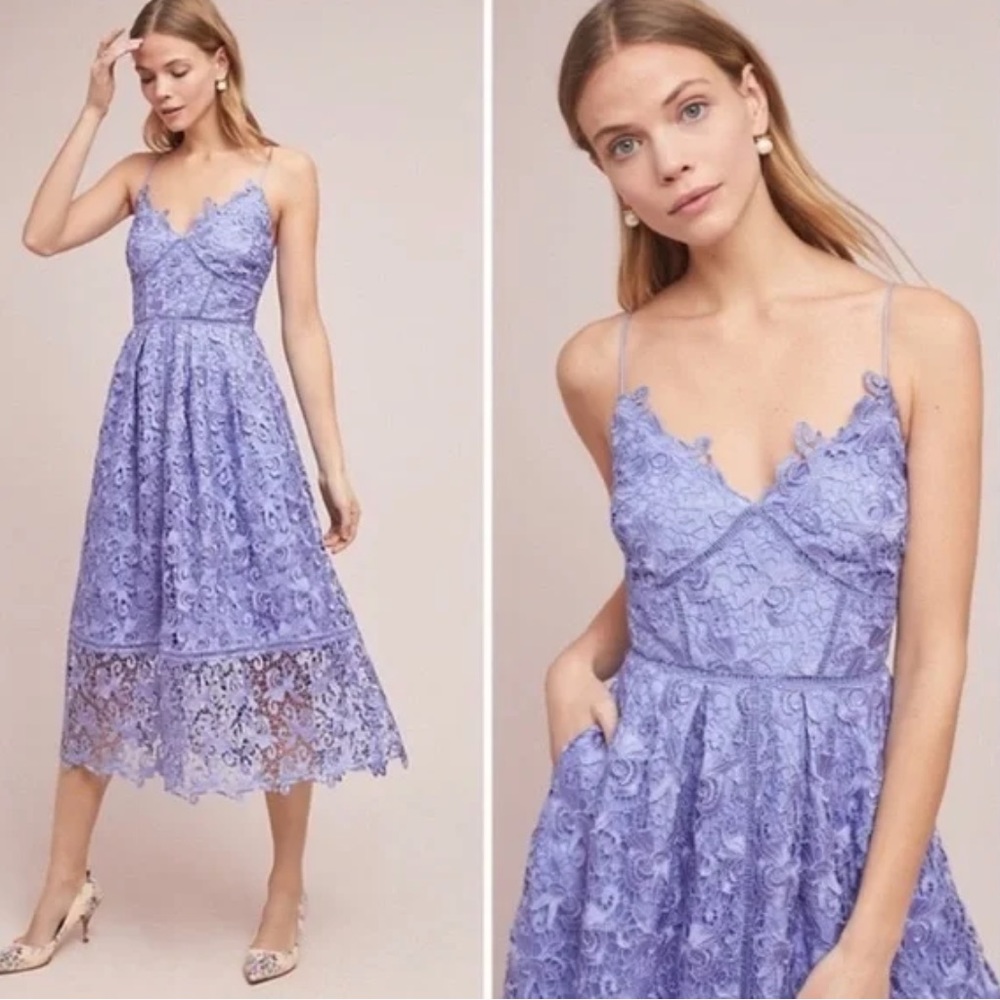 ANTHROPOLOGIE | Eri + Ali Sherbert Lace Midi Dress Size M Lavender Periwinkle
